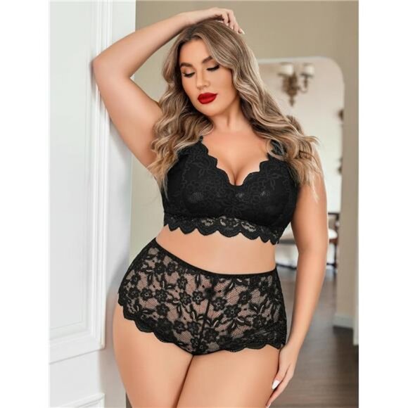 Luxe Plus Size Lingerie Set: Sexy Lace Halter Bralette & High-Waist Panty NWT - Picture 2 of 7
